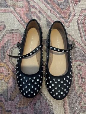 House of Harlow 1960 Black Crystal-Stud Mary Jane Flats